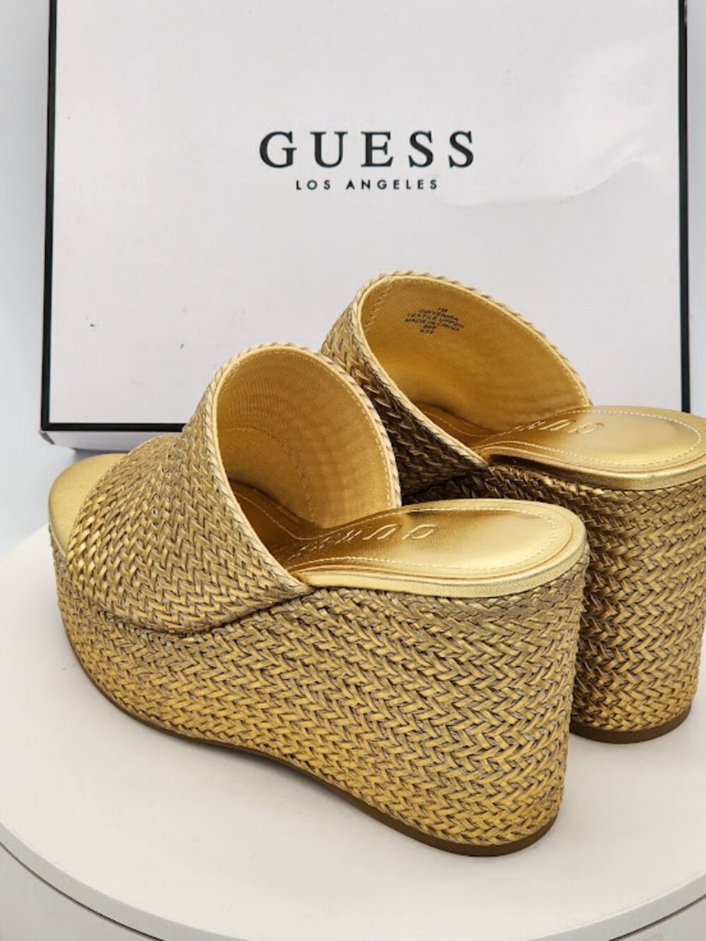 GUESS Yenisa Gold Woven Platform Wedge Slide Sandals Women's Size 7 M - Picture 4 of 9